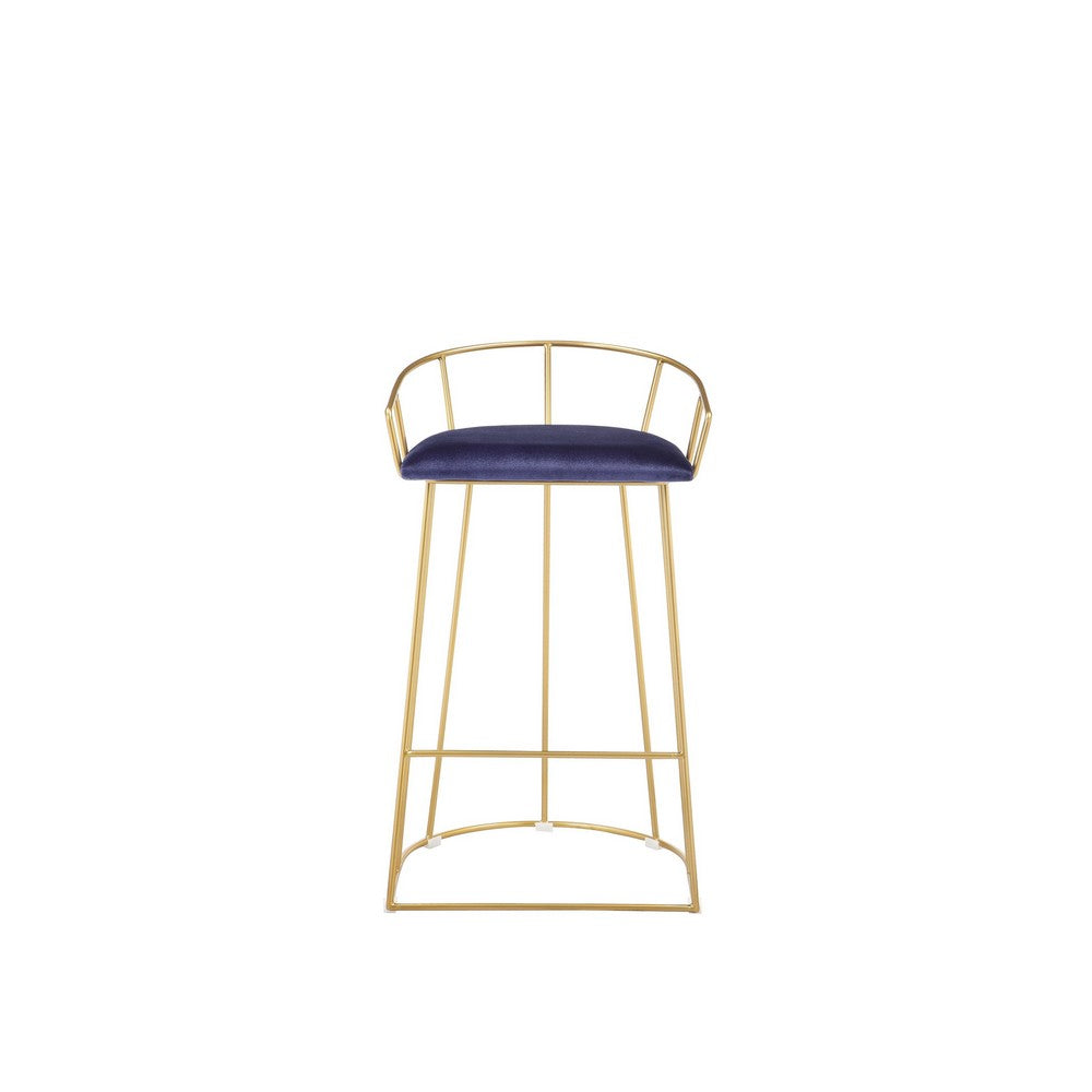 Cato 27 Inch Counter Stool Chair, Blue Velvet, Gold Steel Open Metal Frame By Casagear Home