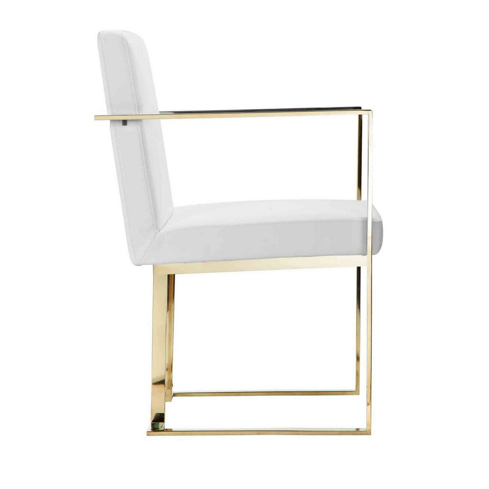 Boly 22 Inch Dining Side Armchair White Faux Leather Gold Steel Frame By Casagear Home BM316955