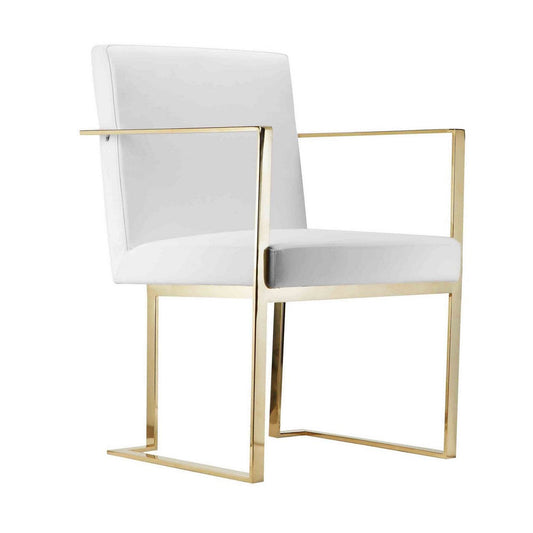 Boly 22 Inch Dining Side Armchair, White Faux Leather, Gold Steel Frame By Casagear Home