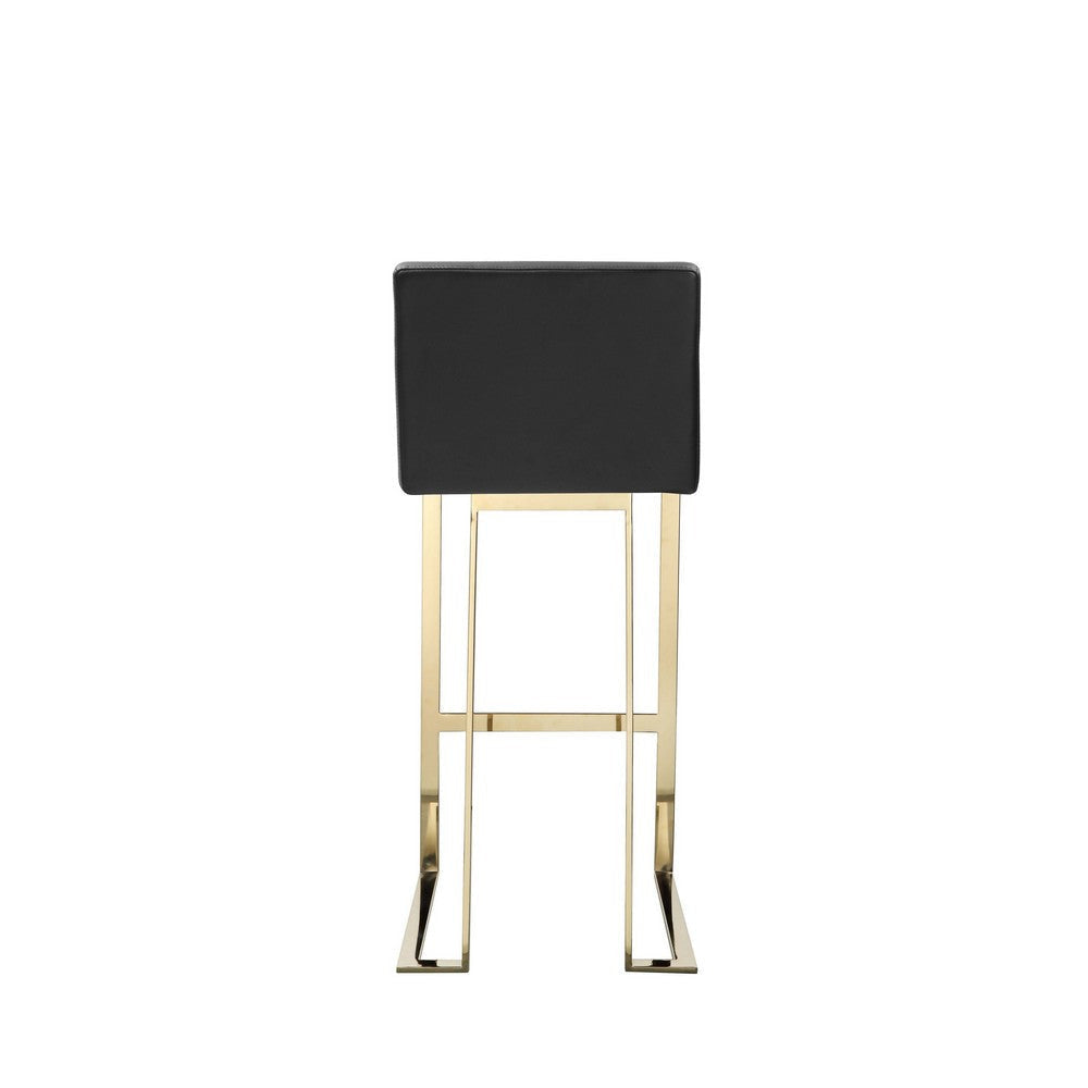 Boly 30 Inch Barstool Chair, Cushioned Black Faux Leather, Gold Cantilever By Casagear Home