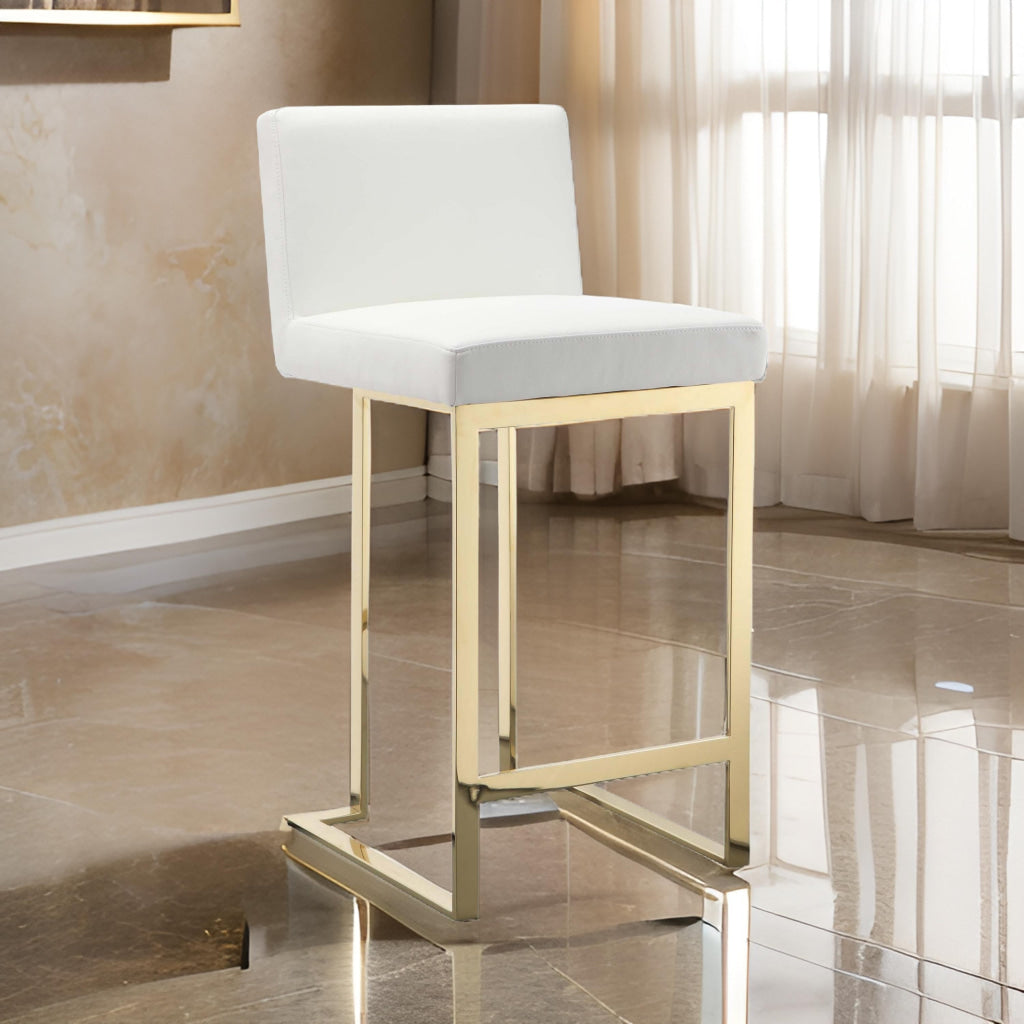 Boly 26 Inch Counter Stool, Cushioned White Faux Leather, Gold Cantilever By Casagear Home