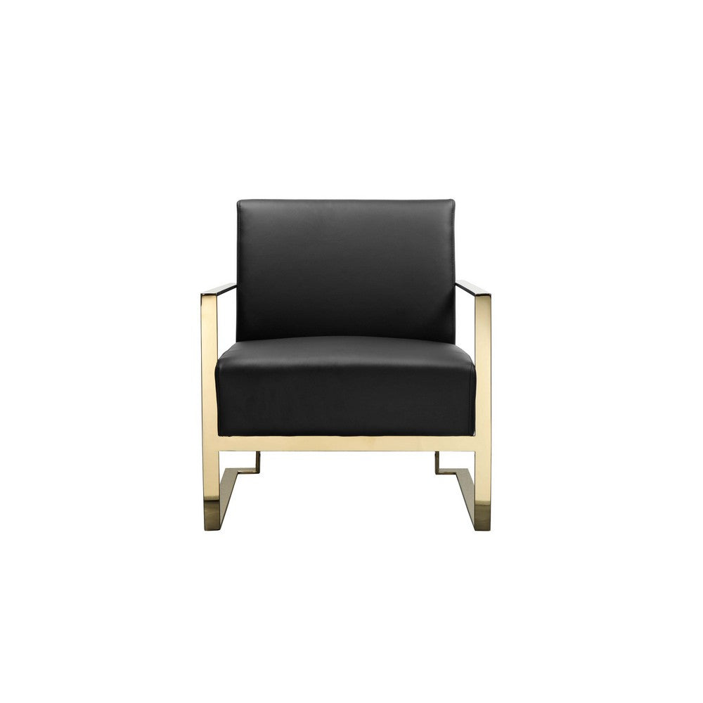 Boly 28 Inch Lounge Chair, Black Faux Leather Upholstery, Gold Steel Frame By Casagear Home