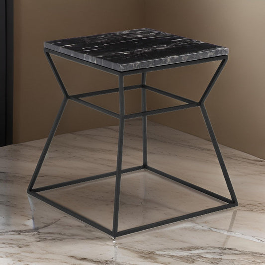 Lio 18 Inch Side End Table, Square Marble Top, Open Hourglass Frame, Black By Casagear Home