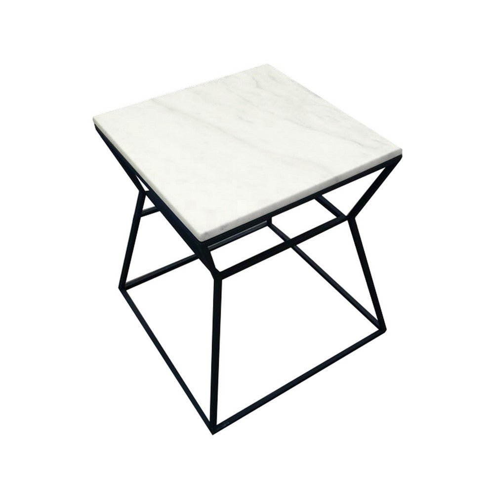 Lio 18 Inch Side End Table White Marble Top Open Hourglass Frame Black By Casagear Home BM316965