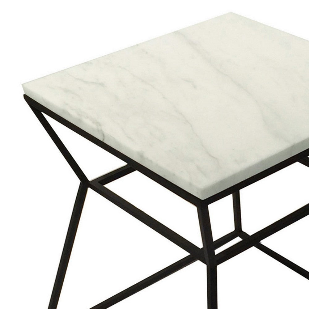 Lio 18 Inch Side End Table, White Marble Top, Open Hourglass Frame, Black By Casagear Home