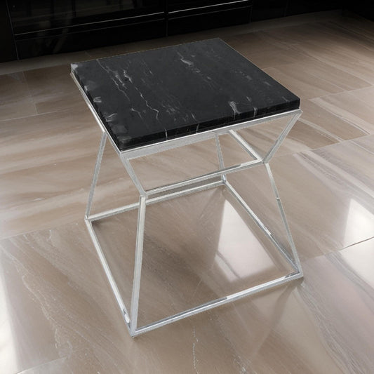 Lio 18 Inch Side End Table, Black Marble Top, Silver Open Hourglass Frame By Casagear Home