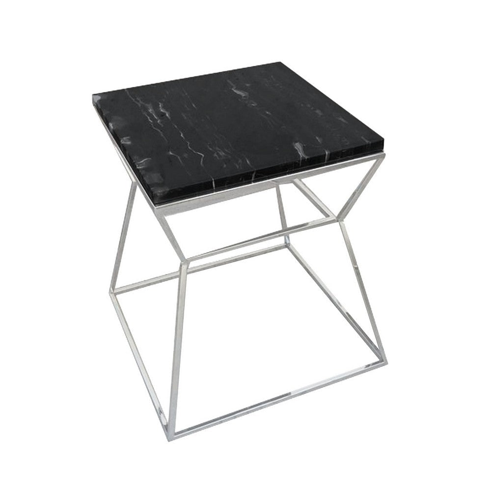 Lio 18 Inch Side End Table, Black Marble Top, Silver Open Hourglass Frame By Casagear Home