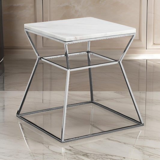 Lio 18 Inch Side End Table, White Marble Top, Silver Open Hourglass Frame By Casagear Home