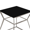 Lio 18 Inch Side End Table, Black Glass Top, Silver Open Hourglass Frame By Casagear Home