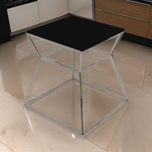 Lio 18 Inch Side End Table, Black Glass Top, Silver Open Hourglass Frame By Casagear Home