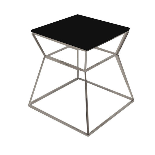 Lio 18 Inch Side End Table, Black Glass Top, Silver Open Hourglass Frame By Casagear Home