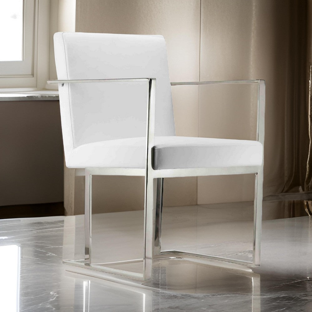 Boly 22 Inch Dining Armchair, Chrome Cantilever Steel, White Faux Leather By Casagear Home