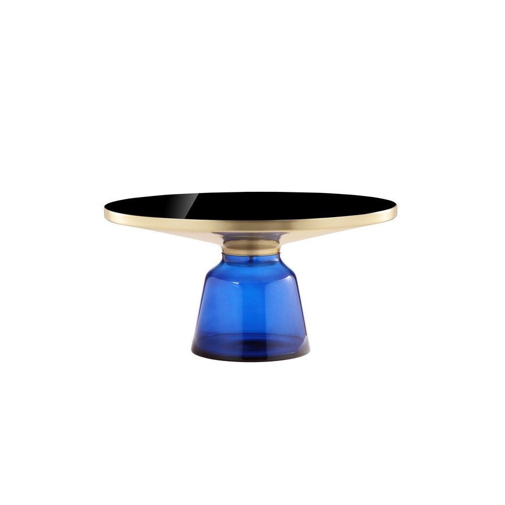 Len 30 Inch Coffee Table Blue Blown Glass Bell Base Funnel Top Gold Steel By Casagear Home BM316976