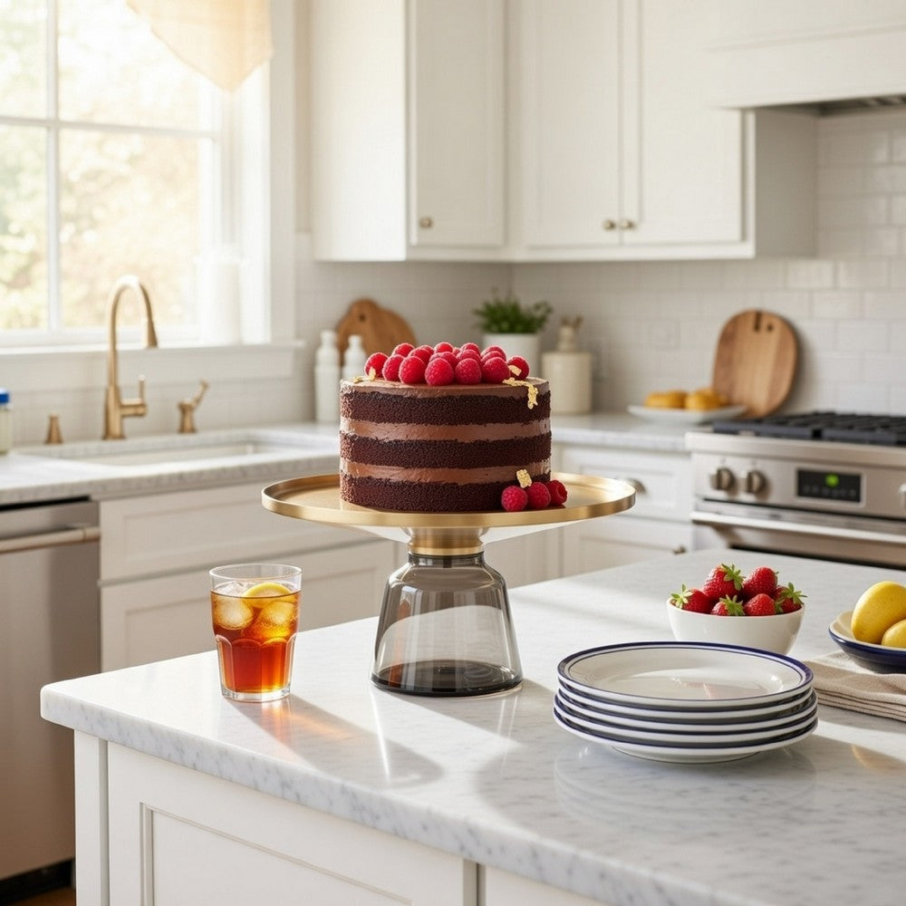 Len 30 Inch Coffee Table, Gray Blown Glass Bell Base, Funnel Top Gold Steel By Casagear Home