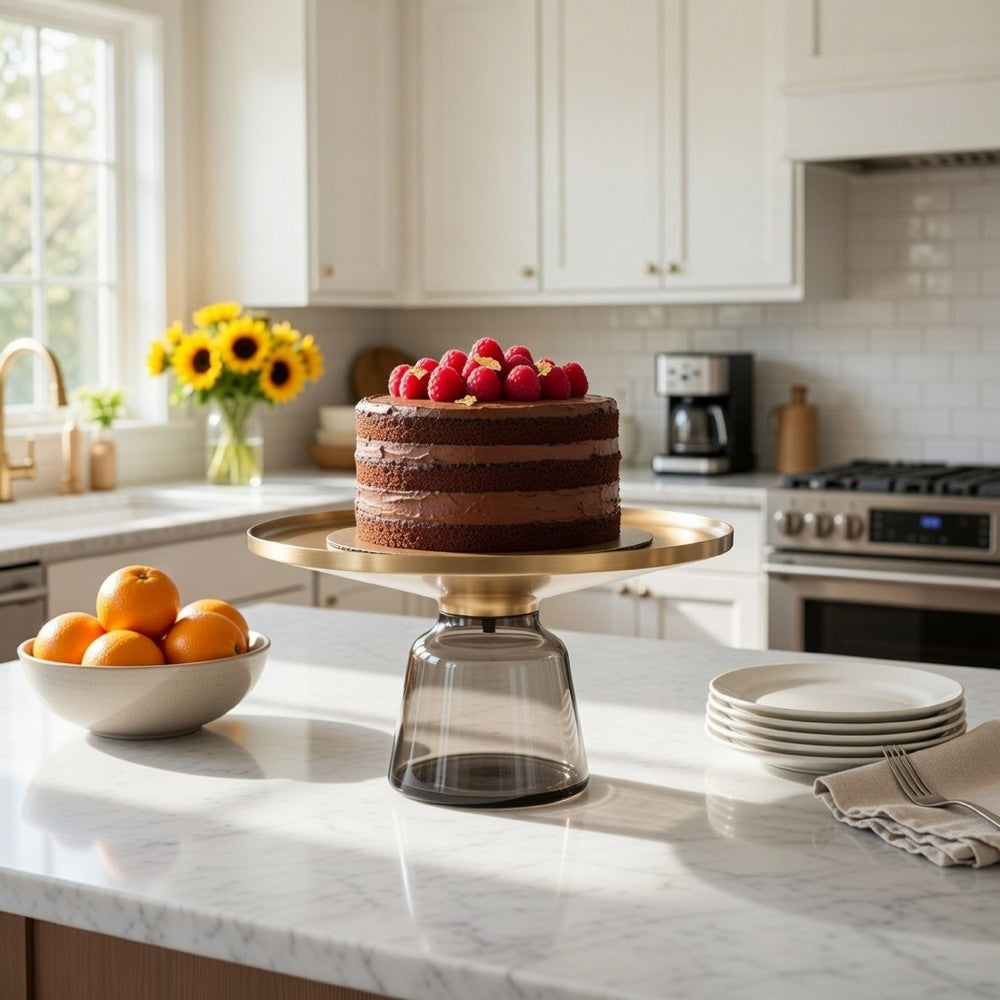 Len 30 Inch Coffee Table, Gray Blown Glass Bell Base, Funnel Top Gold Steel By Casagear Home