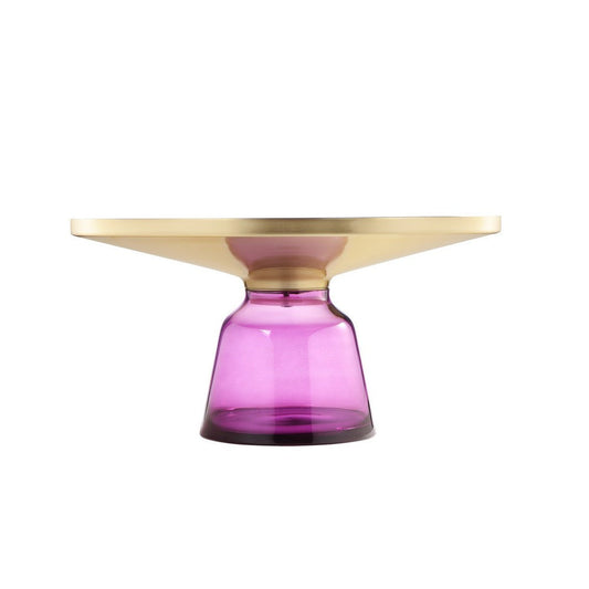 Len 30 Inch Coffee Table, Purple Blown Glass Bell Base, Funnel Gold Steel By Casagear Home