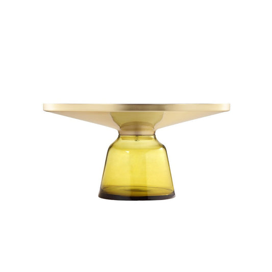 Len 30 Inch Coffee Table, Yellow Blown Glass Bell Base, Funnel Gold Steel By Casagear Home