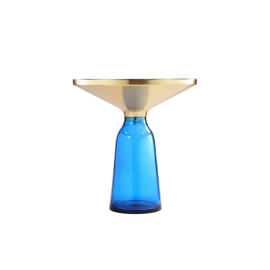 Len 21 Inch Side End Table, Blue Blown Glass Base, Funnel Top Gold Steel By Casagear Home