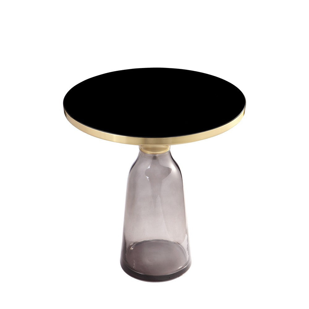 Len 21 Inch Side End Table Gray Blown Glass Base Funnel Top Gold Steel By Casagear Home BM316982