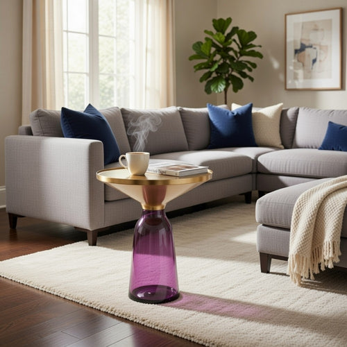 Len 21 Inch Side End Table, Purple Blown Glass Bell Base, Funnel Gold Steel By Casagear Home