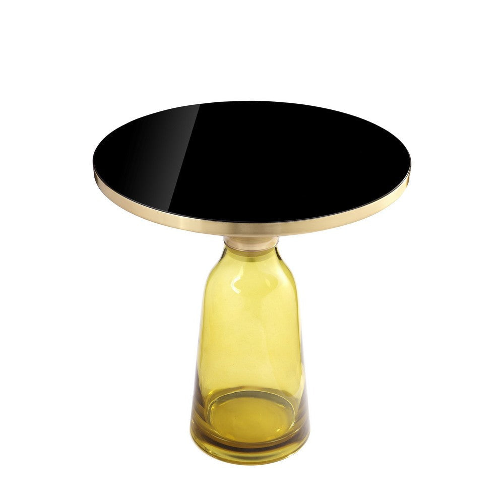 Len 21 Inch Side End Table Yellow Blown Glass Bell Base Funnel Gold Steel By Casagear Home BM316985