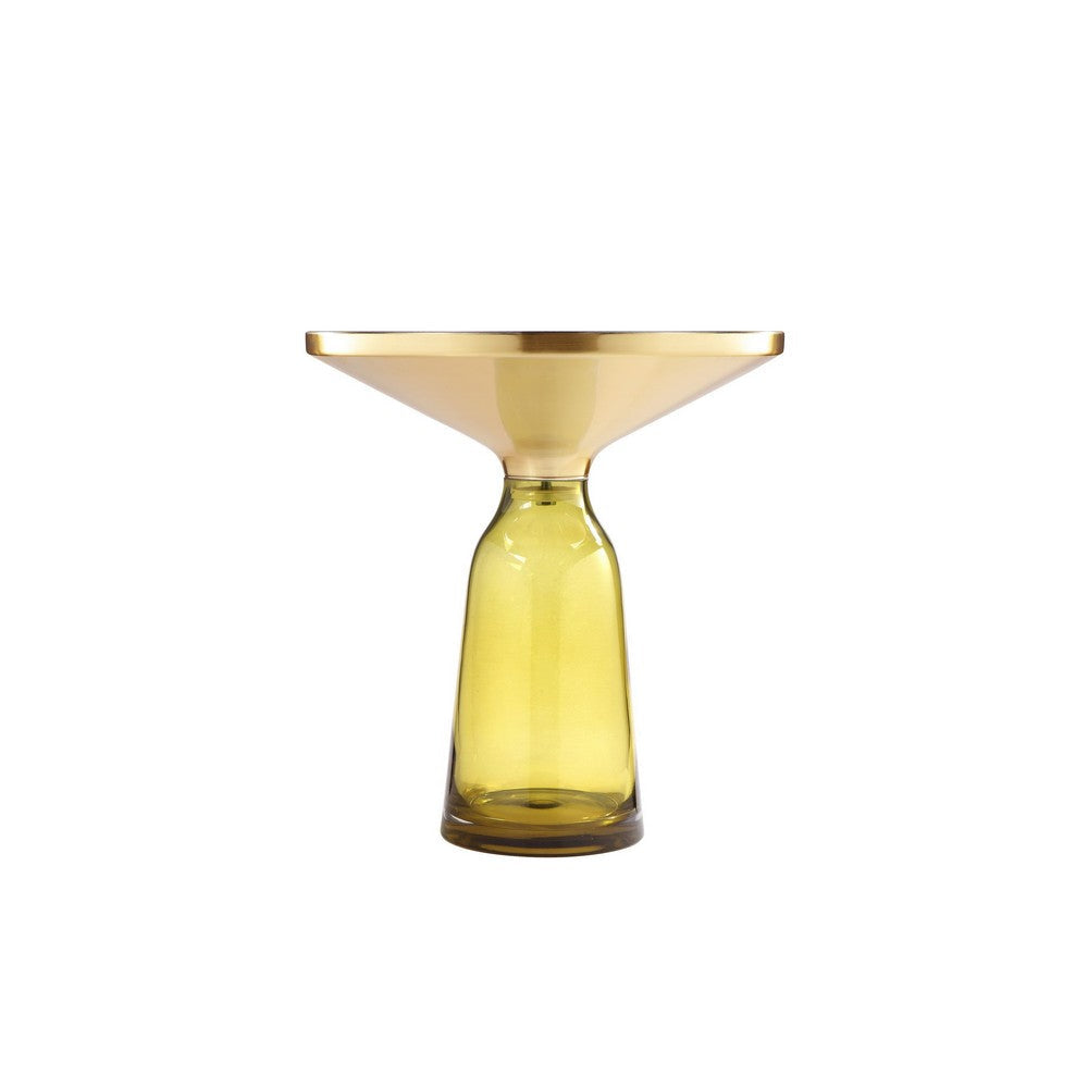 Len 21 Inch Side End Table, Yellow Blown Glass Bell Base, Funnel Gold Steel By Casagear Home