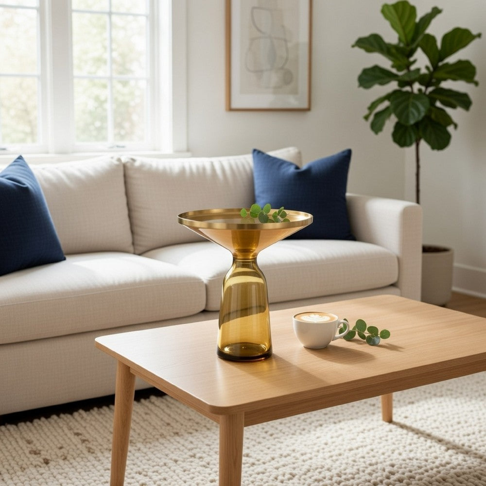 Len 21 Inch Side End Table, Yellow Blown Glass Bell Base, Funnel Gold Steel By Casagear Home