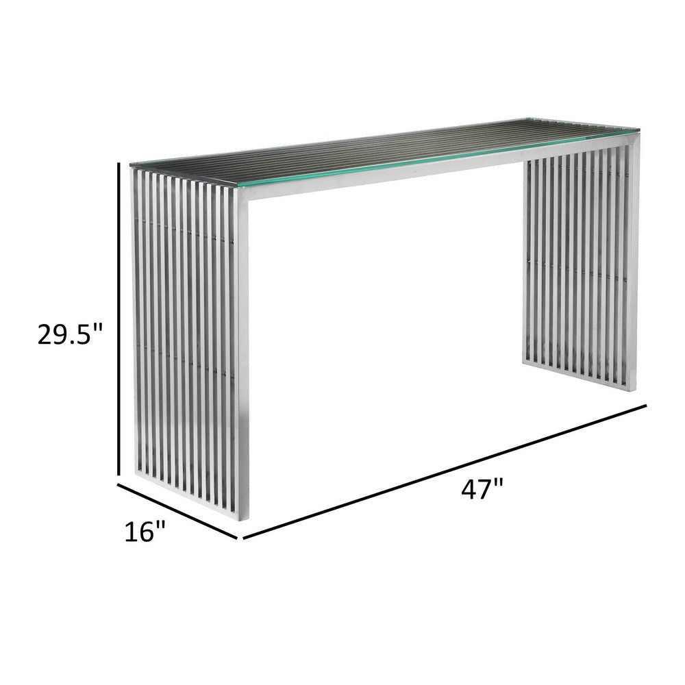 Meza 47 Inch Console Table Glass Top Waterfall Slatted Panel Silver By Casagear Home BM316988