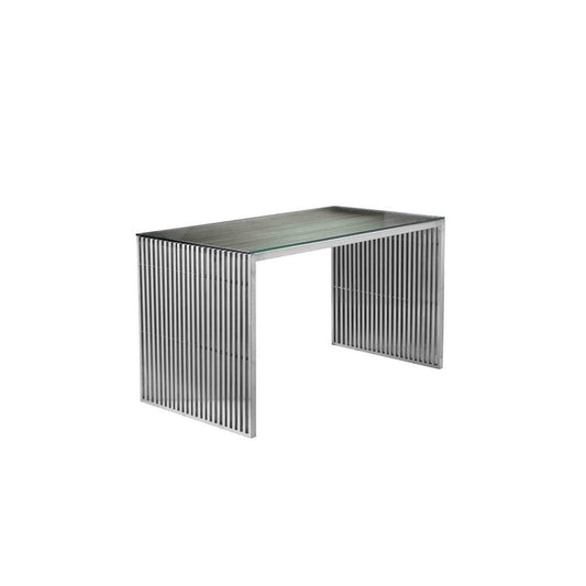 Meza 59 Inch Office Desk, Glass Top, Waterfall Slatted Panel, Silver Finish By Casagear Home