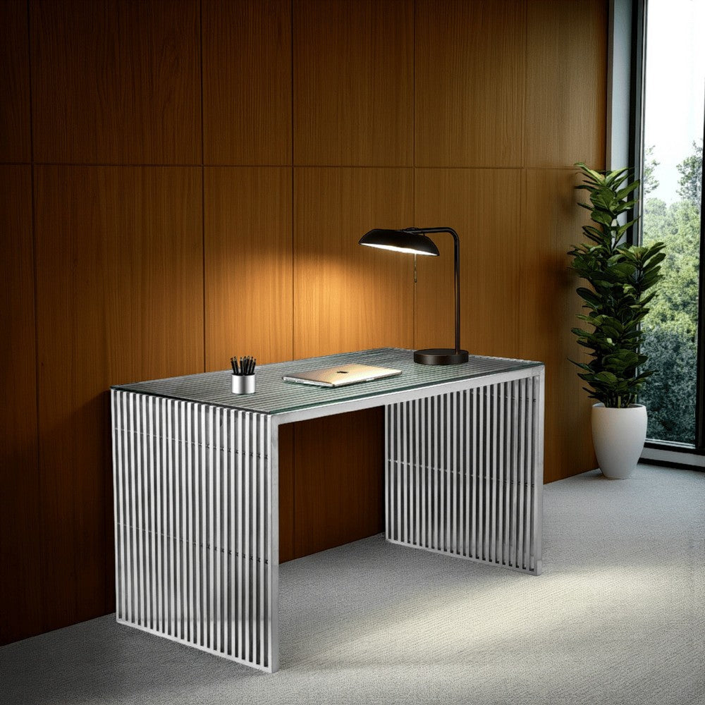 Meza 59 Inch Office Desk, Glass Top, Waterfall Slatted Panel, Silver Finish By Casagear Home