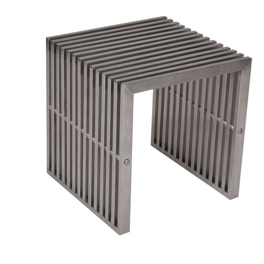 Meza 17 Inch Accent Stool, Waterfall Silver Slatted Panel Frame By Casagear Home