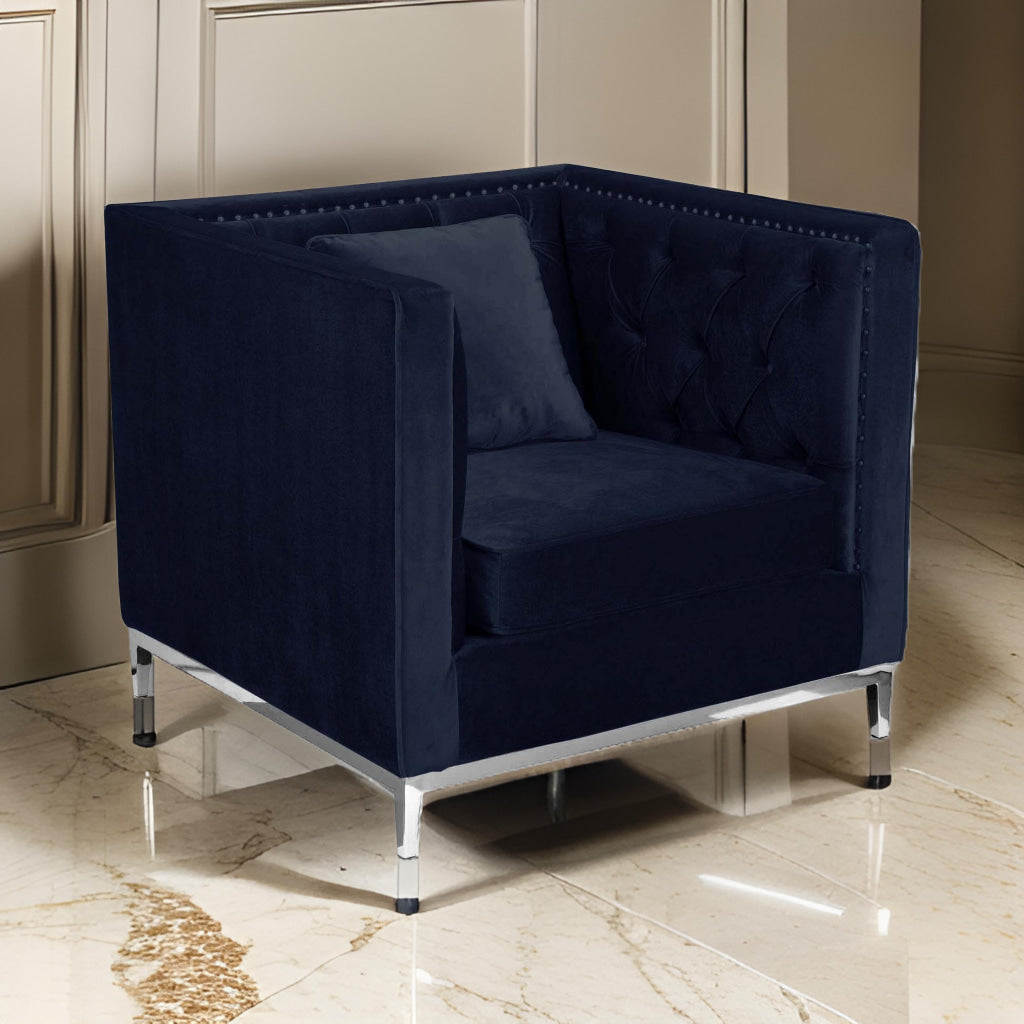 Vien 36 Inch Accent Chair Nailhead Tufted Blue Velvet Upholstery Chrome By Casagear Home BM317004