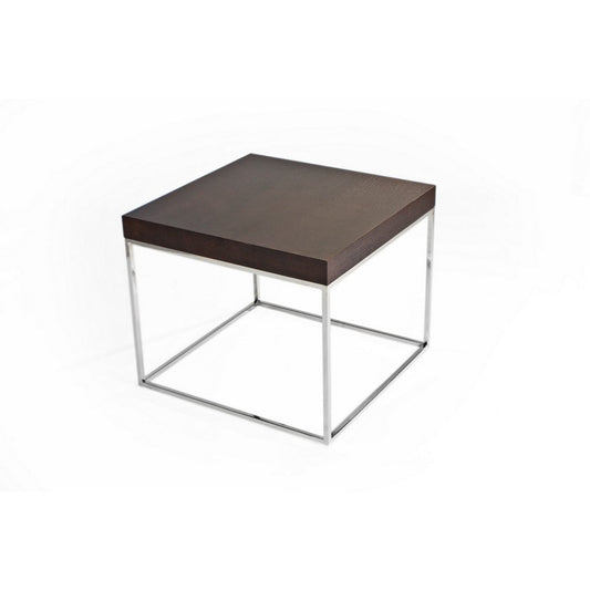 Zen 24 Inch Side End Table, Square, Brown Wood Top, Chrome Steel Frame By Casagear Home