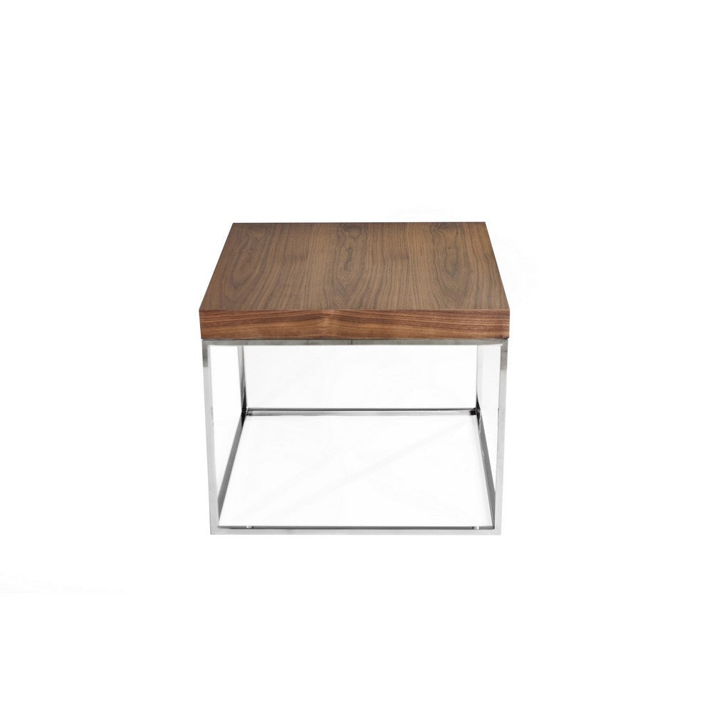 Zen 24 Inch Side End Table Square Brown Wood Top Chrome Steel Frame BM317009