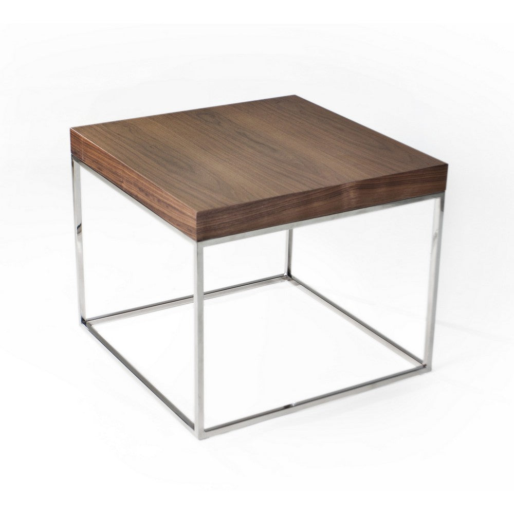 Zen 24 Inch Side End Table, Square, Brown Wood Top, Chrome Steel Frame By Casagear Home
