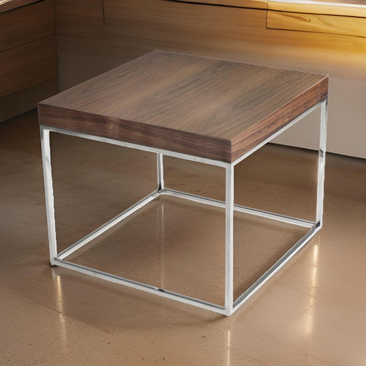 Zen 24 Inch Side End Table, Square, Brown Wood Top, Chrome Steel Frame