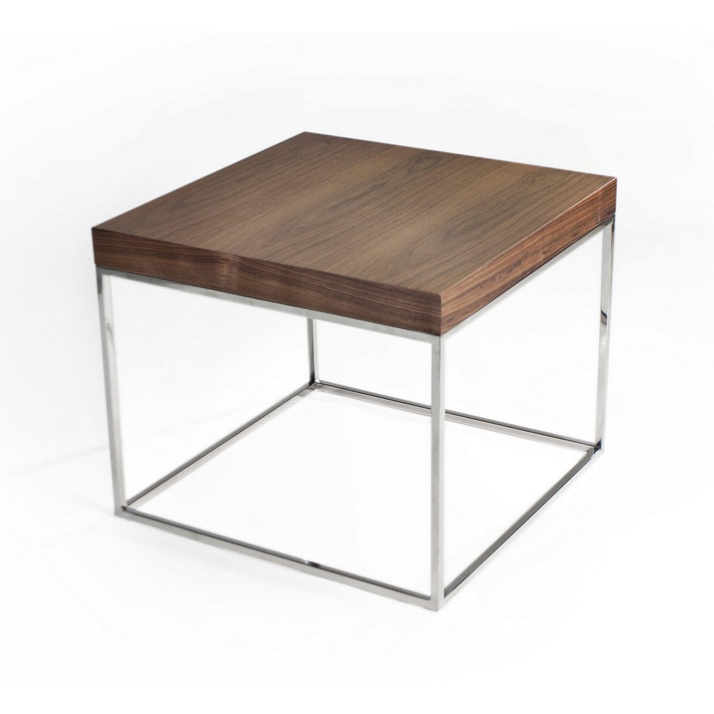 Zen 24 Inch Side End Table, Square, Brown Wood Top, Chrome Steel Frame