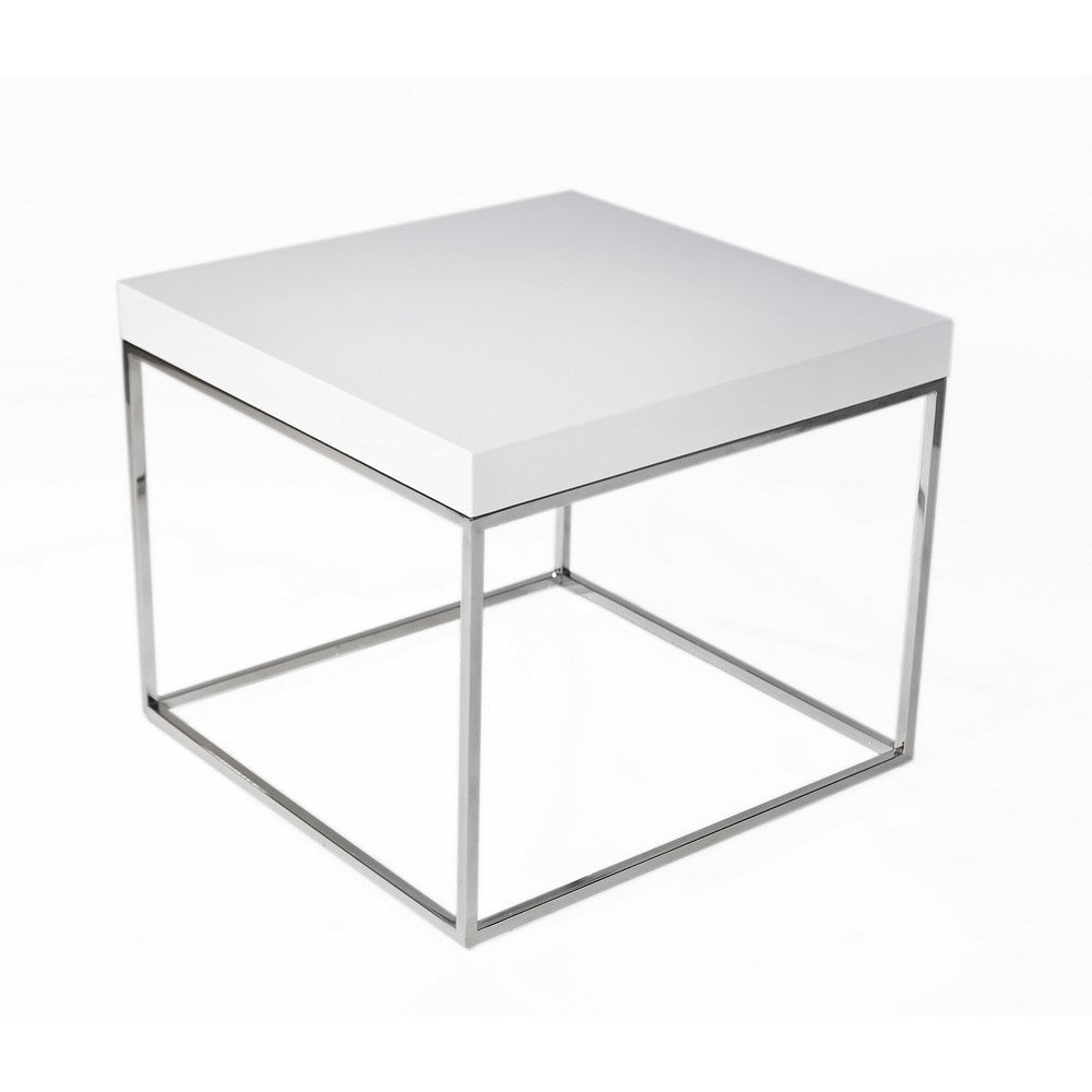 Zen 24 Inch Side End Table, Square, White Lacquer Top, Chrome Steel Frame By Casagear Home