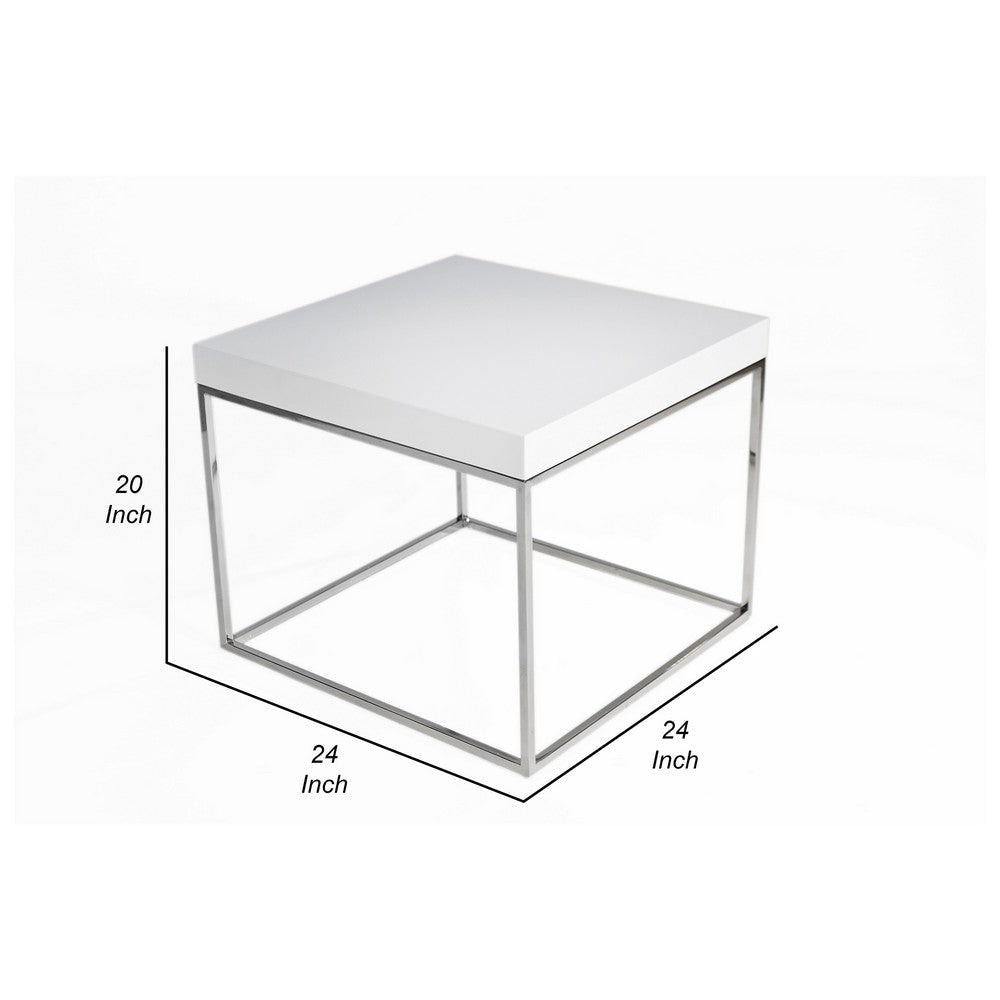 Zen 24 Inch Side End Table, Square, White Lacquer Top, Chrome Steel Frame By Casagear Home