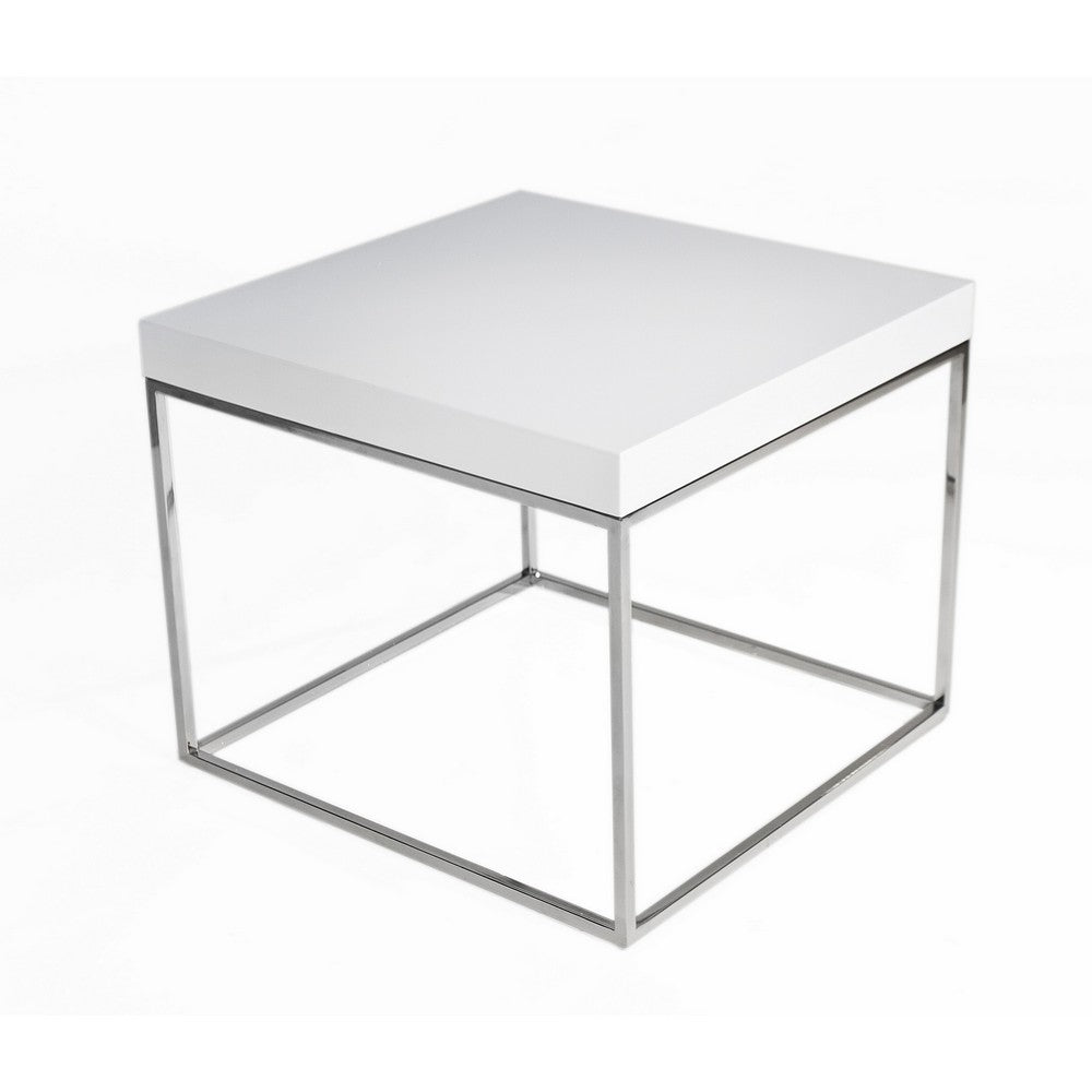Zen 24 Inch Side End Table, Square, White Lacquer Top, Chrome Steel Frame By Casagear Home
