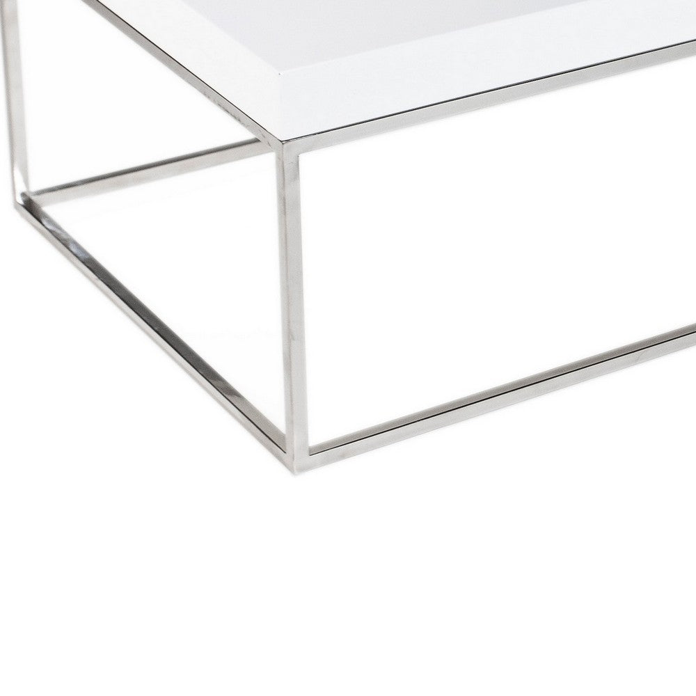Zen 48 Inch Coffee Table, Rectangular White Lacquer Top, Chrome Steel Frame By Casagear Home