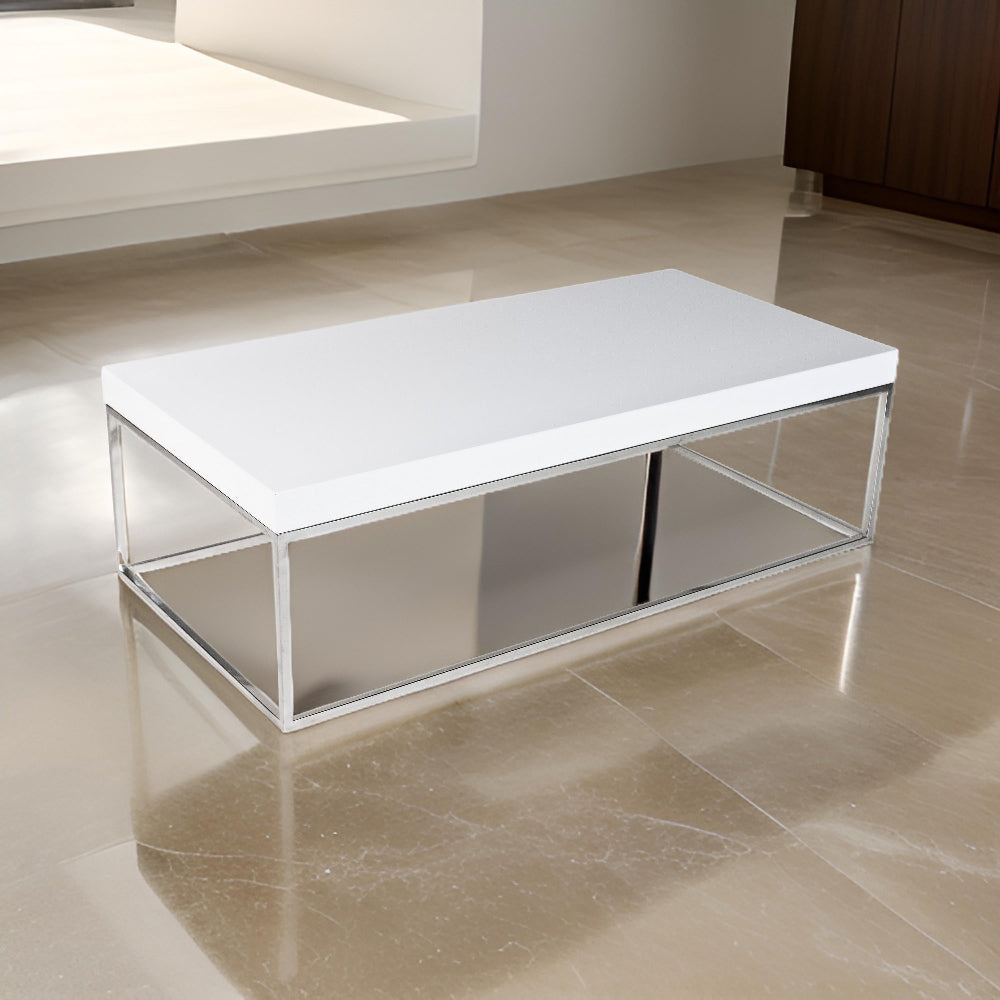 Zen 48 Inch Coffee Table, Rectangular White Lacquer Top, Chrome Steel Frame By Casagear Home