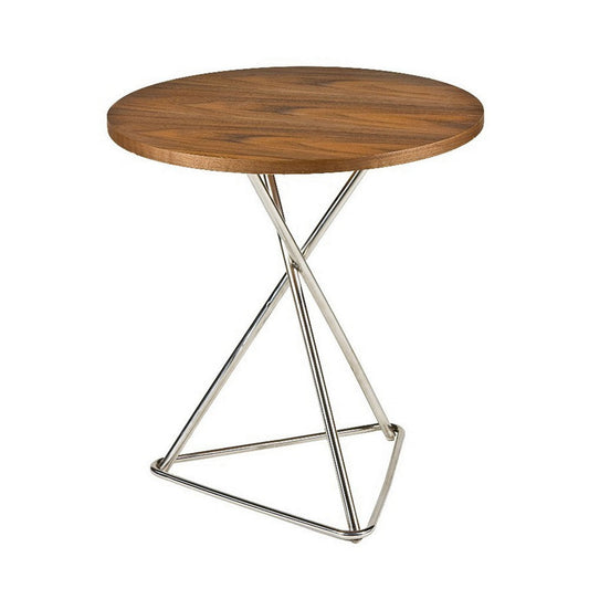 Oly 22 Inch Side End Table, Round Wood Top, Crossed Chrome Steel Frame By Casagear Home