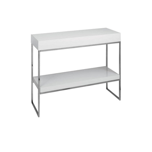 Zen 39 Inch Console Table, 2 Tier Rectangular White Lacquer, Chrome Steel By Casagear Home