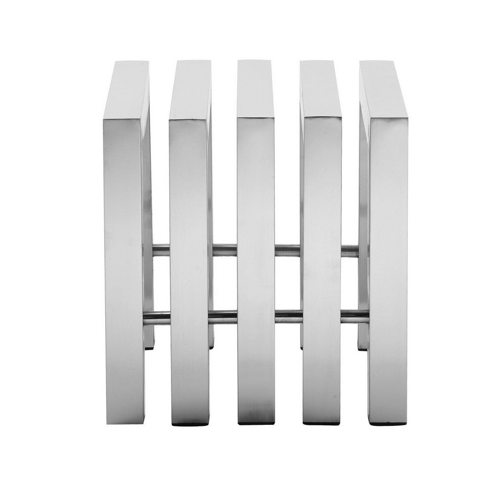 Namo 17 Inch Accent Stool, Modern Slatted Design, Rectangular Brushed Steel By Casagear Home