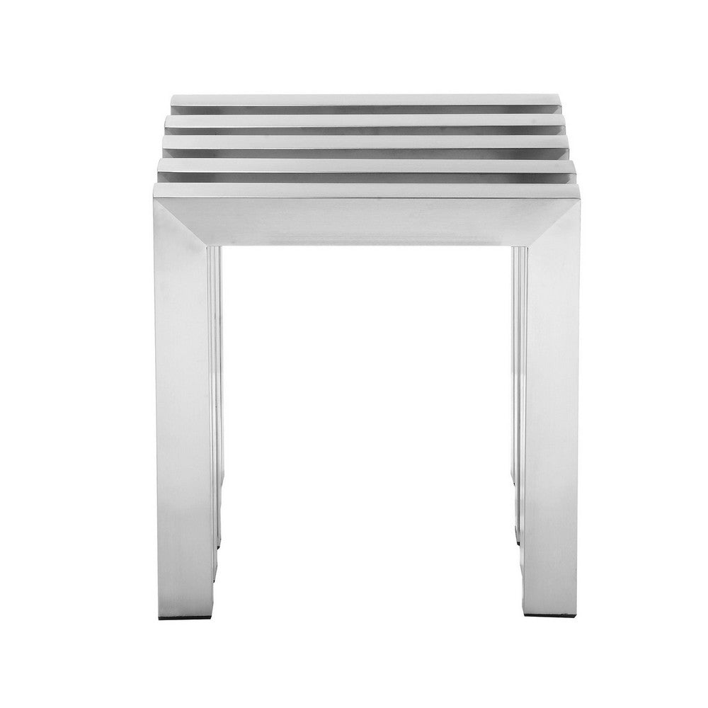Namo 17 Inch Accent Stool, Modern Slatted Design, Rectangular Brushed Steel By Casagear Home