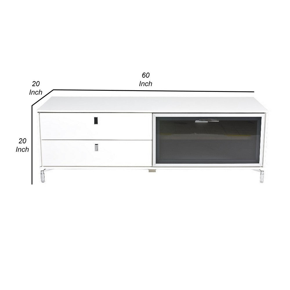 Ida 60 Inch TV Entertainment Console, Drawer, Pull Down Door, White Lacquer By Casagear Home