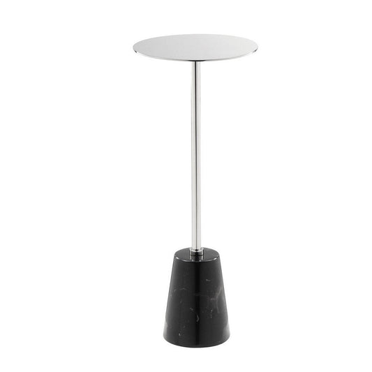Sen 21 Inch Drink Side End Table, Chrome Round Top, Black Marble Cone Base By Casagear Home