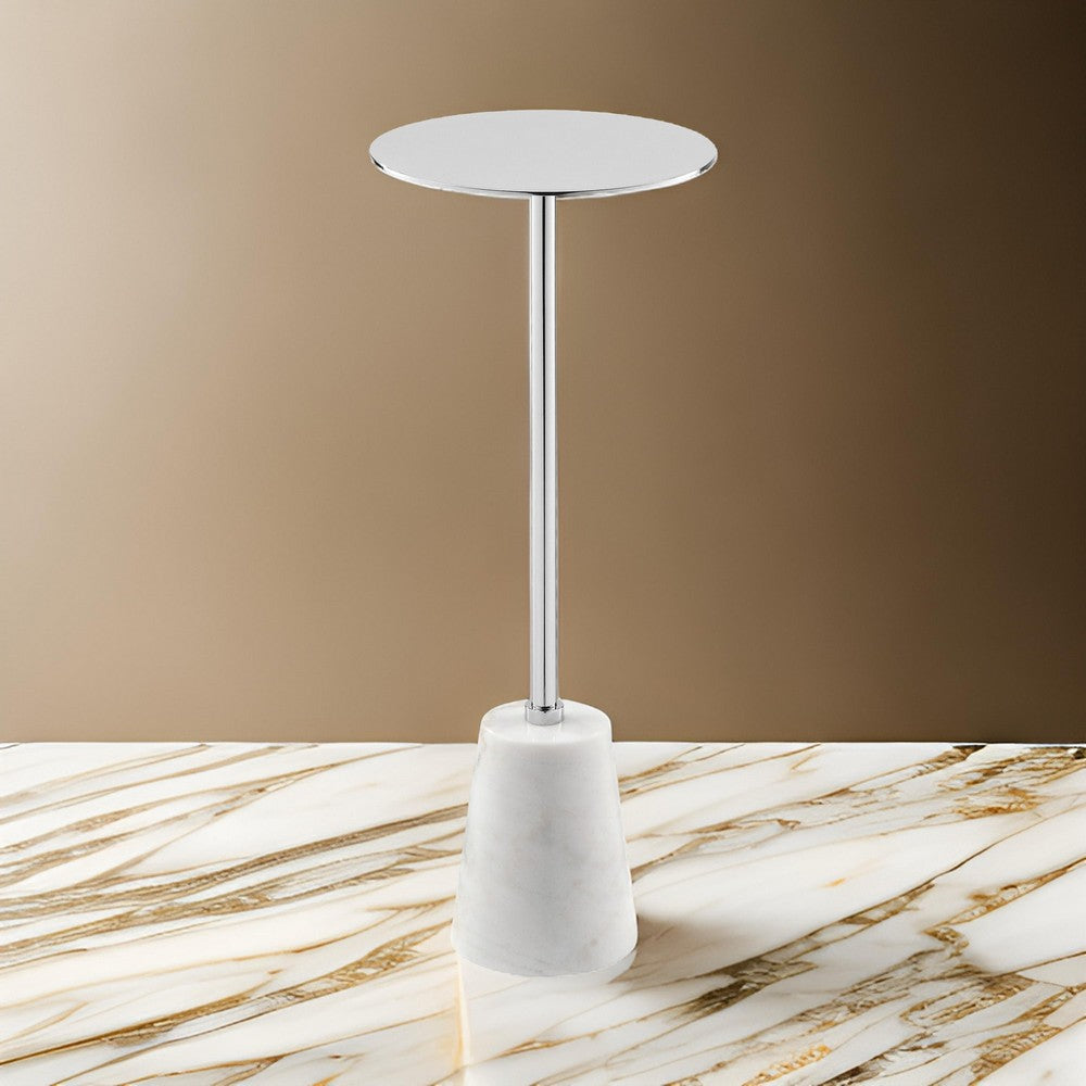 Sen 21 Inch Drink Side End Table, Cone White Marble Base, Chrome Metal Top By Casagear Home