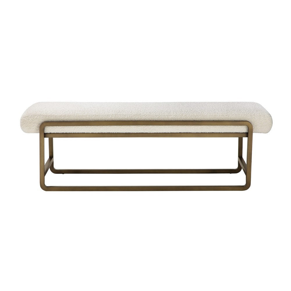 Loer 54 Inch Modern Accent Bench, Ivory Boucle Upholstery, Sled Brass Legs By Casagear Home